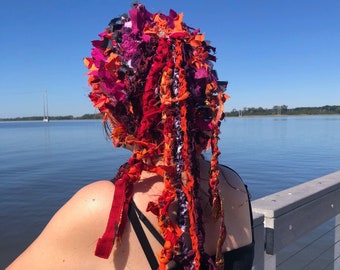 Boho crochet hat with dreads  for women funky rag hat festival hat unique beanie women shabby chic style  crazy red hat altered clothing