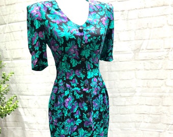 Vintage 80s dress S party dress turquoise statement retro dress cotton dress purple teal black dress all that jazz floral midi dress