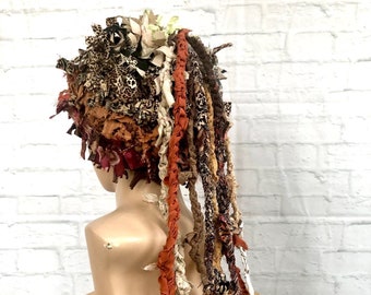 Boho sombrero trapo sombrero creativo crochet sombrero de forma libre shabby chic declaración sombrero extraño funky sombrero loco sombrero de mujer alterado gorro de alta costura