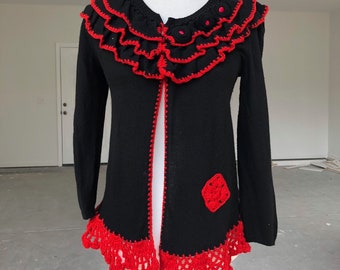 Upcycled cardigan open front cardigan festival clothing black red cardigan bohemian clothing knit coat boutique jacket