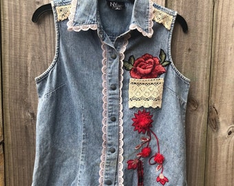 Upcycled denim vest shabby chic creative refashioned vest  patchwork altered couture  bohemian vest festival clothing denim refashioned vest