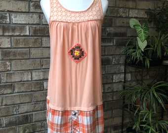 Ladies L Upcycled Free Flowing Peach Summer XL Tank Dress, Upcycled Clothing, Boho, Bohemian, Clothing Tunic  Plus SIze