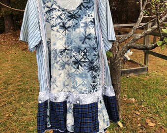 Women's Upcycled Boho Tunic XXL Shabby Chic Country Bohemian Junk Gypsy Style Recycled Repurposed Festival Clothing Patchwork Blue dress