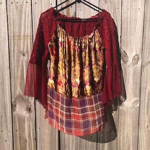 Ladies Upcycled Free Flowing Red Summer  Tunic, Upcycled Clothing, Boho, Bohemian Clothing Silk Tunic  Red sweater refashioned top