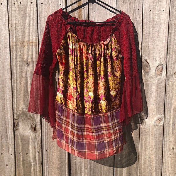 Ladies Upcycled Free Flowing Red Summer  Tunic, Upcycled Clothing, Boho, Bohemian Clothing Silk Tunic  Red sweater refashioned top