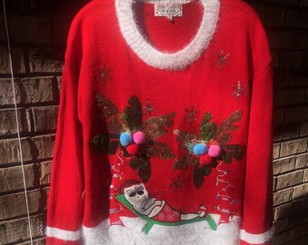 Vintage  Sequins and Beaded XL sweater Embroidered Ugly Sweater Knit cardigan Christmas attire