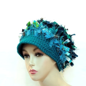 Unieke handgemaakte hoed voor vrouwen rag hat boho haak gekke funky hoed opnieuw vormgegeven upcycled muts winterhoed chemo hoed festival kleding