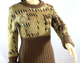 Hand knit wool sweater warm brown sweater womens clothing designer sweater original winter clothing patchwork sweater