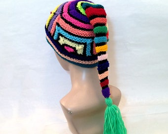 Hand knitted hat unisex unusual hat crazy hippie funky bohemian hat designer hat statement womens beanie festival clothing boho hat