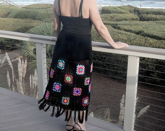 Boho skirt crochet long skirt black festival clothing granny square maxi skirt statement clothing long black skirt patchwork flamenco skirt