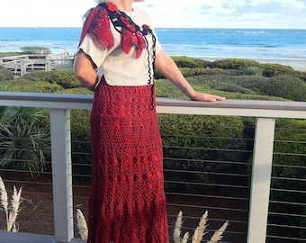 Crochet maxi dress linen dress designer clothing evening gown party dress wedding guest dress statement artsy red dress knit dress