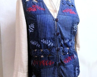 Vintage women's vest sleeveless sweater vintage sweater denim cotton vest blue patchwork vest napa valley clothing patchwork sweater
