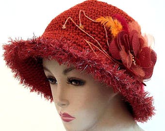 Burnt orange cloche hat bucket hat for women hand made hat brim hat unusual hat womens fedora dressy crochet hat hand knit