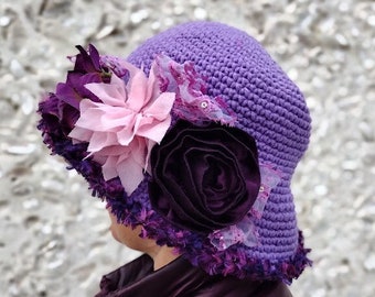 Purple hat crochet statement hat dressy flower hat wide brim flapper bucket womens fedora festival clothing knit hat millinery cloche hat