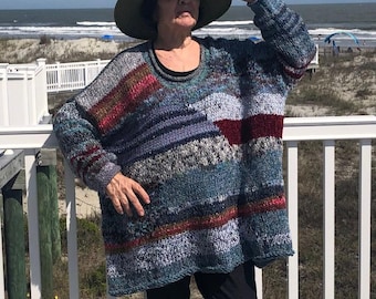 Hand knit sweater oversized top loose knit sweater plus size sweater big girl clothing handknit cardigan boho sweater multicolor pullover