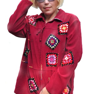 Shabby chic jacket  red cardigan granny square jacket red cardigan patchwork  creative cardigan refashioned cardigan altered couture boho