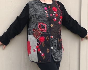 Upcycled black cardigan XXL  patchwork cardigan funky boho style clothing boho chick clothing festival clothing for women hippie style