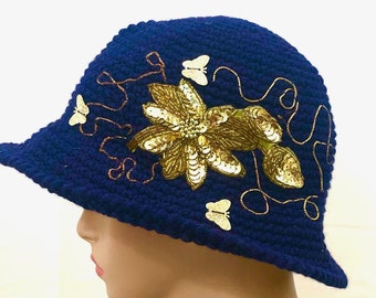 Handmade crochet hat cloche bucket hat for women navy blue hat flapper hat beanie wide brim hat winter hat butterfly hat