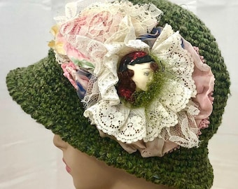 Wide brim hat crochet hat dressy hat cloche hat bucket hat green crochet hat derby hat green hat womens fedora slouchy hat vintage style hat