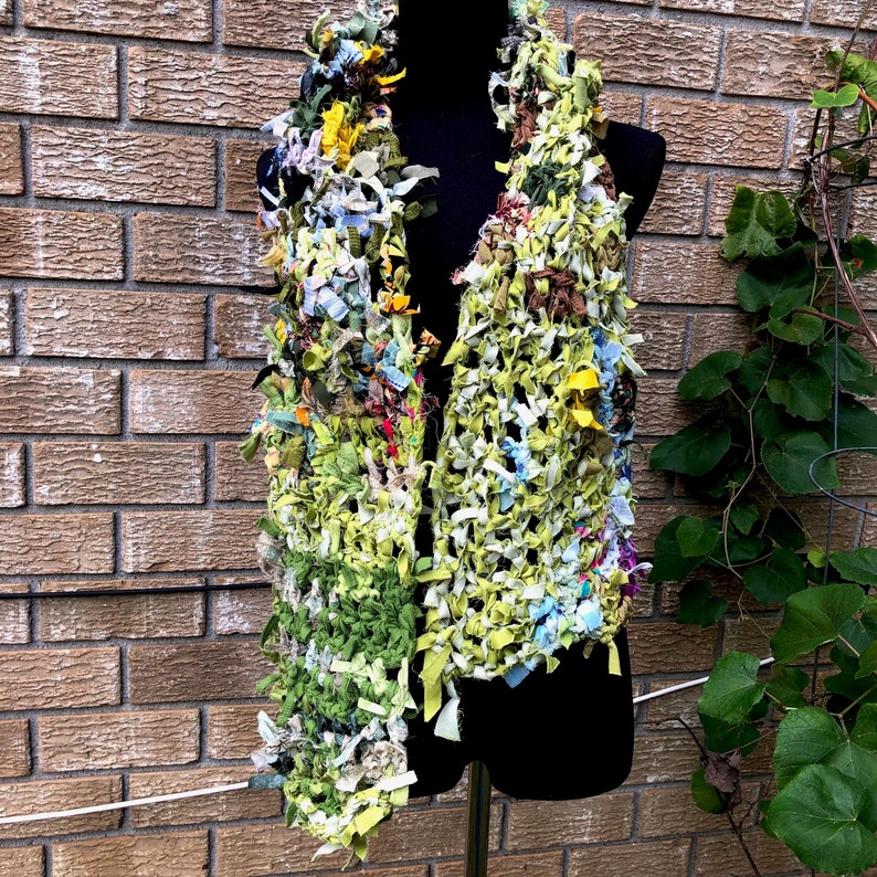 Whimsical long crochet scarf hand made scarf patchwork bohemian festival clothing upcycled boho gift unisex shabby chic scarf green scarf image 3