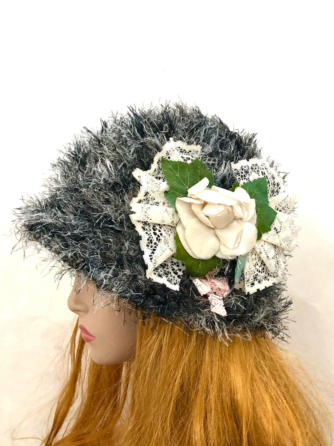 Black Crochet Cloche Hat with Floral Accent Womens Custom 1920s Cloche Hat With Flower, 1920s Cloche Hat  main image 4