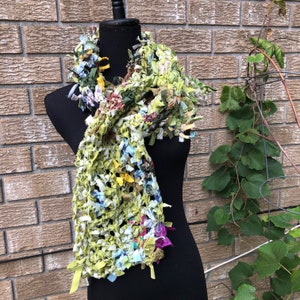 Whimsical long crochet scarf hand made scarf patchwork bohemian festival clothing upcycled boho gift unisex shabby chic scarf green scarf image 4