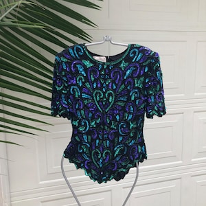 Vintage Black Sequin Silk top Large  Black blue hand beaded blouse  80s Vintage Metallic Sequin Top Black Art Deco Flapper Laurence Kazar