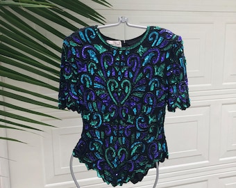 Vintage Black Sequin Silk top Large  Black blue hand beaded blouse  80s Vintage Metallic Sequin Top Black Art Deco Flapper Laurence Kazar