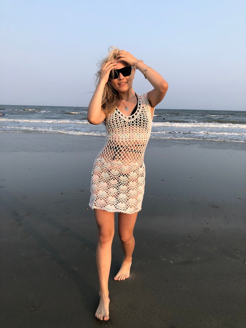 Sexy hand crochet dress mini beach cover up summer clothing boho top gypsy loose knit tunic sweater image 3