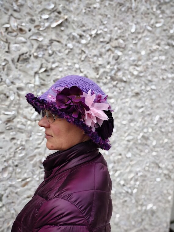 Purple Hat Crochet Statement Hat Dressy Flower Hat Wide Brim 