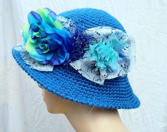 Womens hat crochet hat for women blue cloche hat bucket statement hat dressy wide brim millinery unique hat one of a kind hat fedora