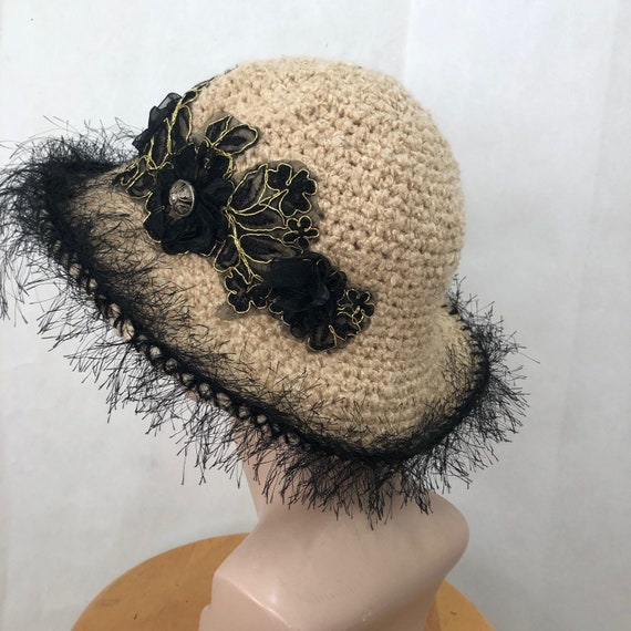 Women Bucket Style Hat‎ Church Cloche Flapper Hat w Large Bow Fashion Statement Black cloche hat with lace and art deco fabric bow  main image 3