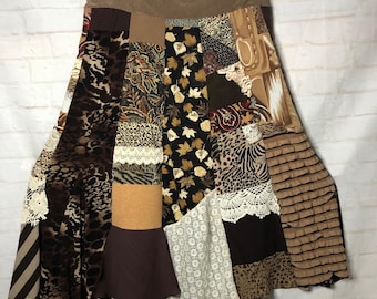 Altered Couture Boho XL Skirt Festival Clothing Bohemian Reporposed Wearable Art Clothing Brown Patchwork Skirt Lagenlook plus size skirt