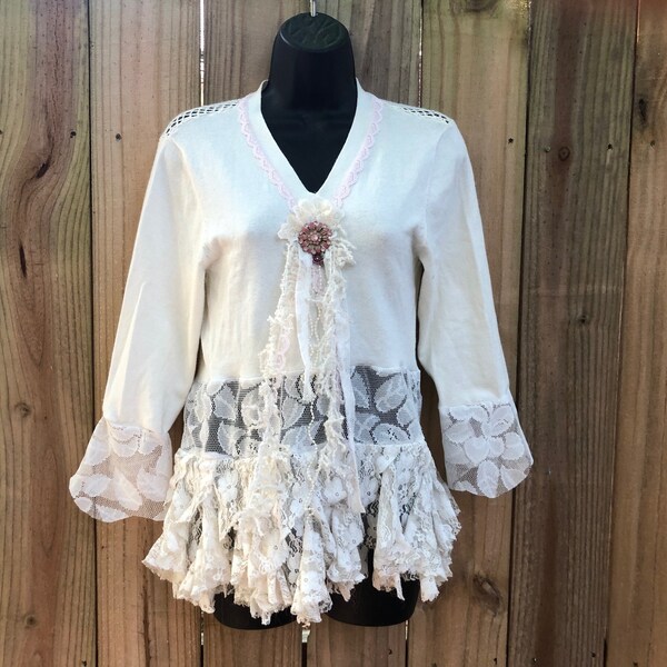 Bohemian shabby chic tunic refashioned white top altered couture upcycled tunic ruffles duster top magnolia pearl inspired white lace top