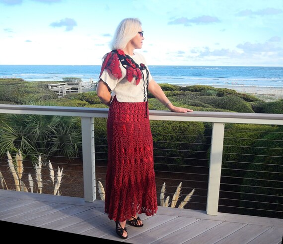 red crochet maxi dress Cherry Wine Crochet Maxi Dress with Adjustable Crossed Back Straps medium