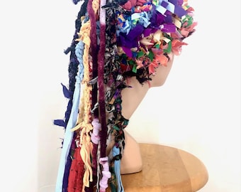 Boho hat rag hat creative crochet hat freeform hat shabby chic statement hat weird funky hat crazy hat women's hat  altered couture beanie