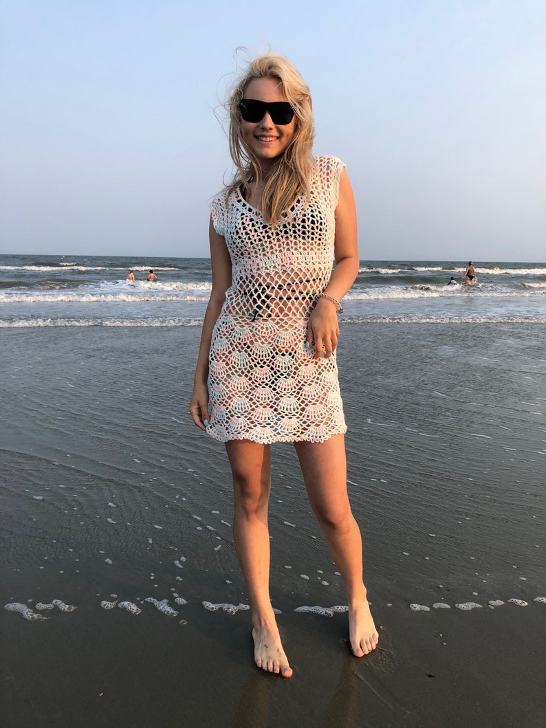 Sexy hand crochet dress mini beach cover up summer clothing boho top gypsy loose knit tunic sweater image 6