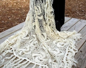 Squared crochet shawl  off white  stole wrap afghan blanket