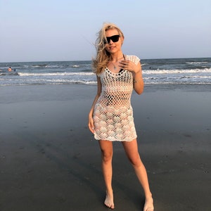 Sexy hand crochet dress mini beach cover up summer clothing boho top gypsy loose knit tunic sweater image 2