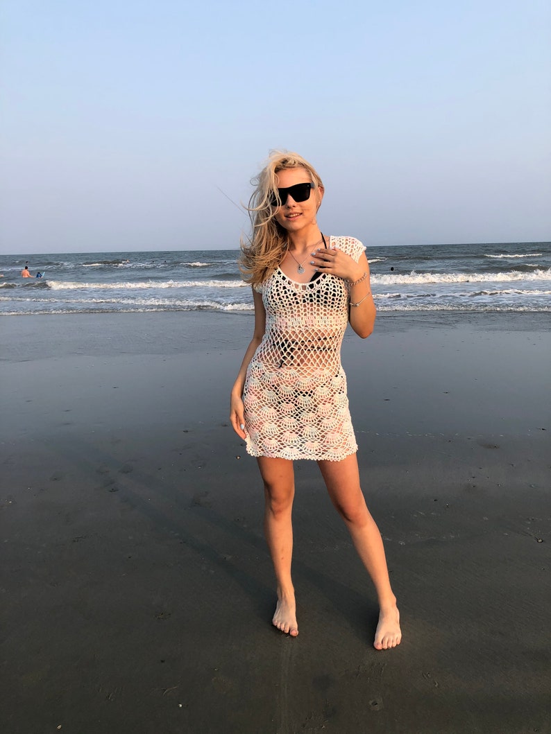 Sexy hand crochet dress mini beach cover up summer clothing boho top gypsy loose knit tunic sweater image 2