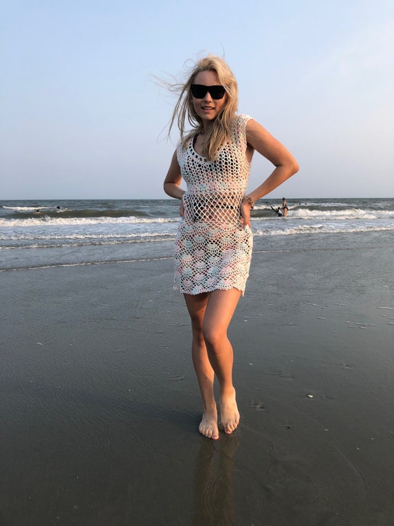 gauzy beach mini dress coverup Crochet Mini Dress Coverup Beach Hollow Out Side Split White Size Medium