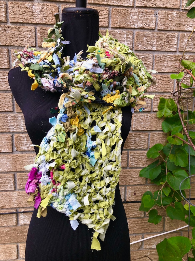 Whimsical long crochet scarf hand made scarf patchwork bohemian festival clothing upcycled boho gift unisex shabby chic scarf green scarf image 2