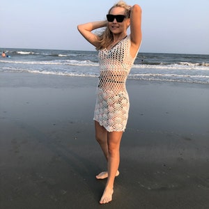 Sexy hand crochet dress mini beach cover up summer clothing boho top gypsy loose knit tunic sweater image 4