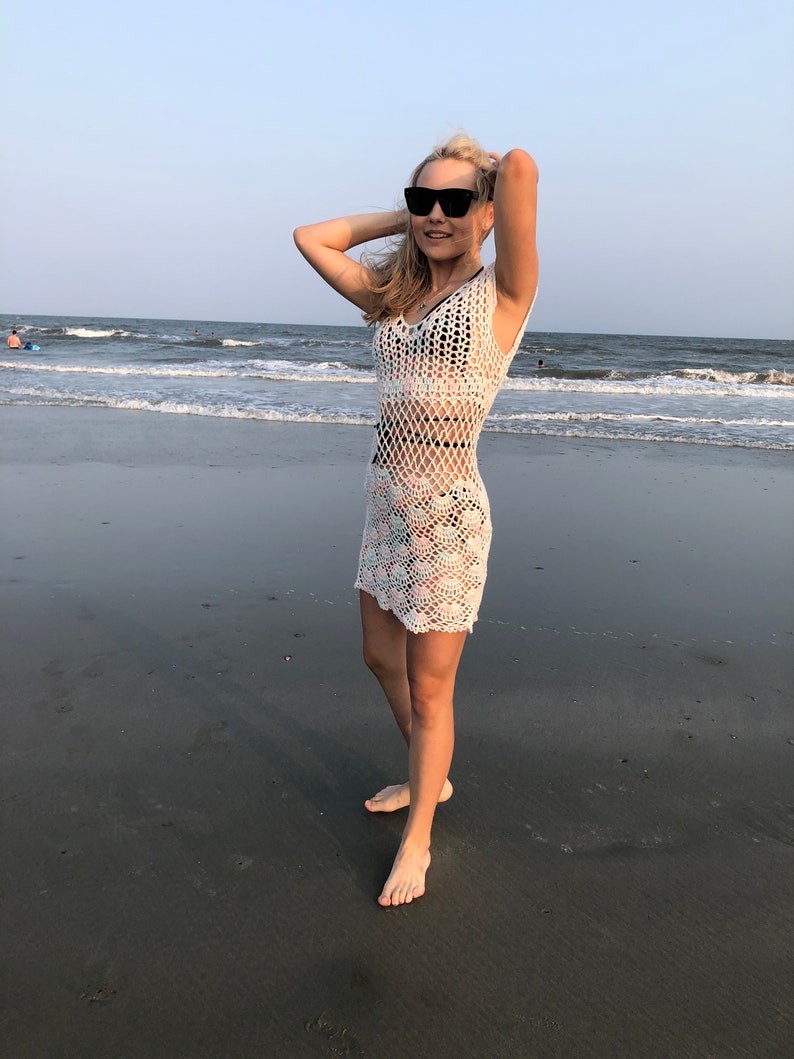 Sexy hand crochet dress mini beach cover up summer clothing boho top gypsy loose knit tunic sweater image 4