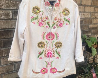 White silk cardigan embroidered vintage cardigan Front Zip Mock Neck Sweater Embroidered Cardigan Ugly Sweater festive attire summer coat