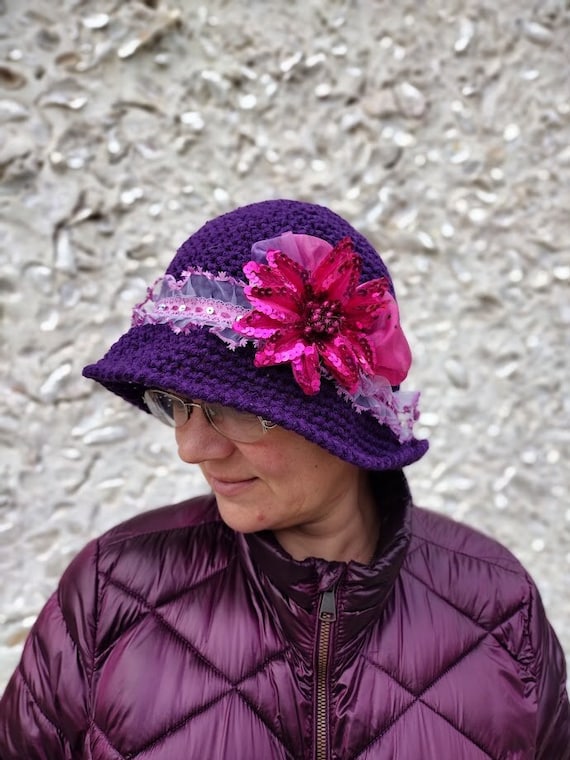 Purple Hat Crochet Statement Hat Dressy Flower Hat Wide Brim  display picture 2