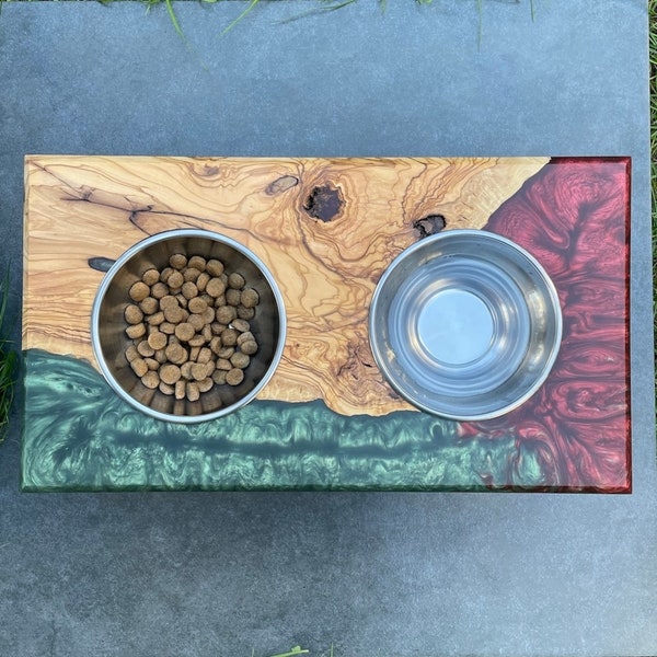 Custom Olive Wood&Resin Dog Feeder with Two Bowls, Unique Feed Stands, Pet Gift, Custom Dog Bowls, Handmade Feeding Bowl; Mother's Day Gift