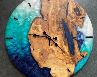 Custom Resin&Olive Wood Wall Clock, Colorful Epoxy Large Wall Clock,Colorful Wall Art, Gift For Her / Him, Unique Gift, Mother's Day Gift