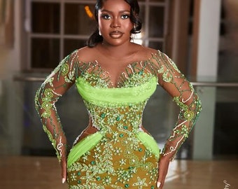 Nigerian traditional wedding dress, olive  reception dress, detail reception dress, beautiful wedding dress, pre-wedding dress,mermaid dress