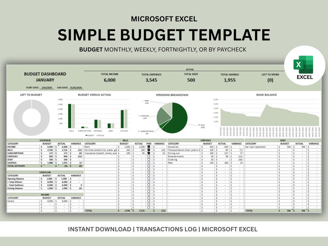 Simple Budget Template for Excel (office 365) - Etsy
